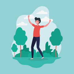 young man jumping celebrating in the park character