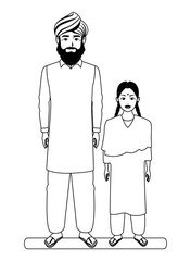 indian family avatar cartoon character in black and white