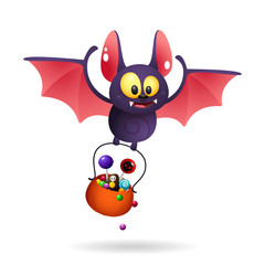 Funny cute bat carrying treats. Halloween character, animal, flight. Halloween concept. Realistic vector illustration can be used for topics like party, holiday, spooky night