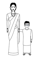 indian family avatar cartoon character in black and white
