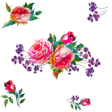 Flowers rose with leaves, watercolor, illustration. Seamless pattern
