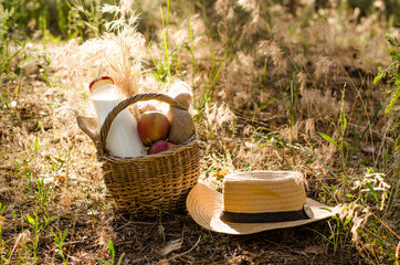 Farm milk and rustic apples in a basket