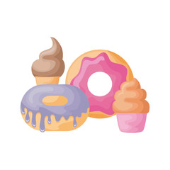 set of delicious donuts with ice cream and cupcake