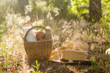 Farm milk and apples in a basket