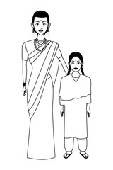 indian family avatar cartoon character in black and white