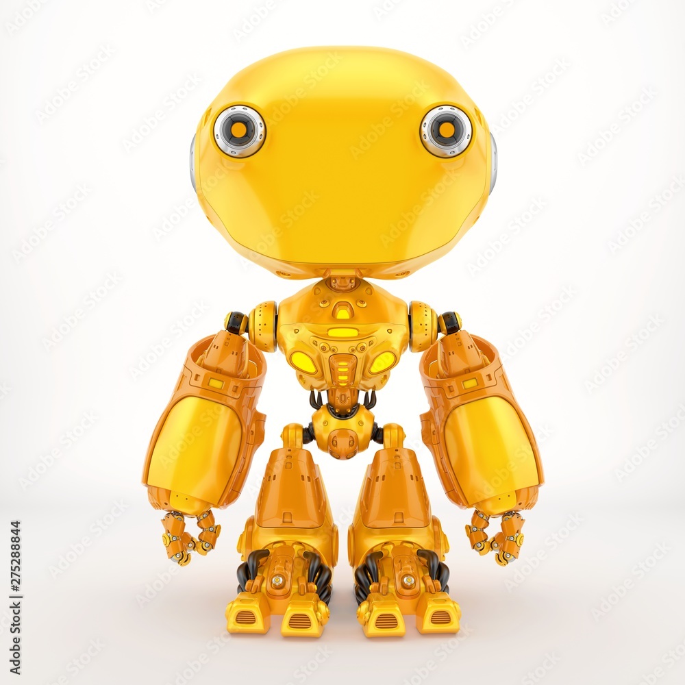 Poster unique toy – ant-like robot in bright orange color, front pose 3d render
