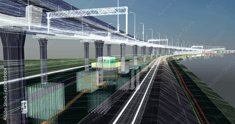 Poster the bim model of the object of transport infrastructure of wireframe view