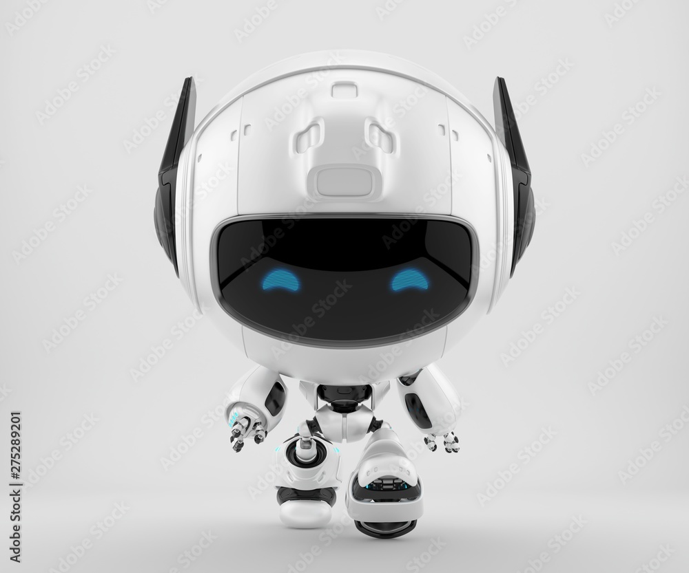 Poster walking robot pr manager, unusual robotic character with funny prick-ears, 3d rendering