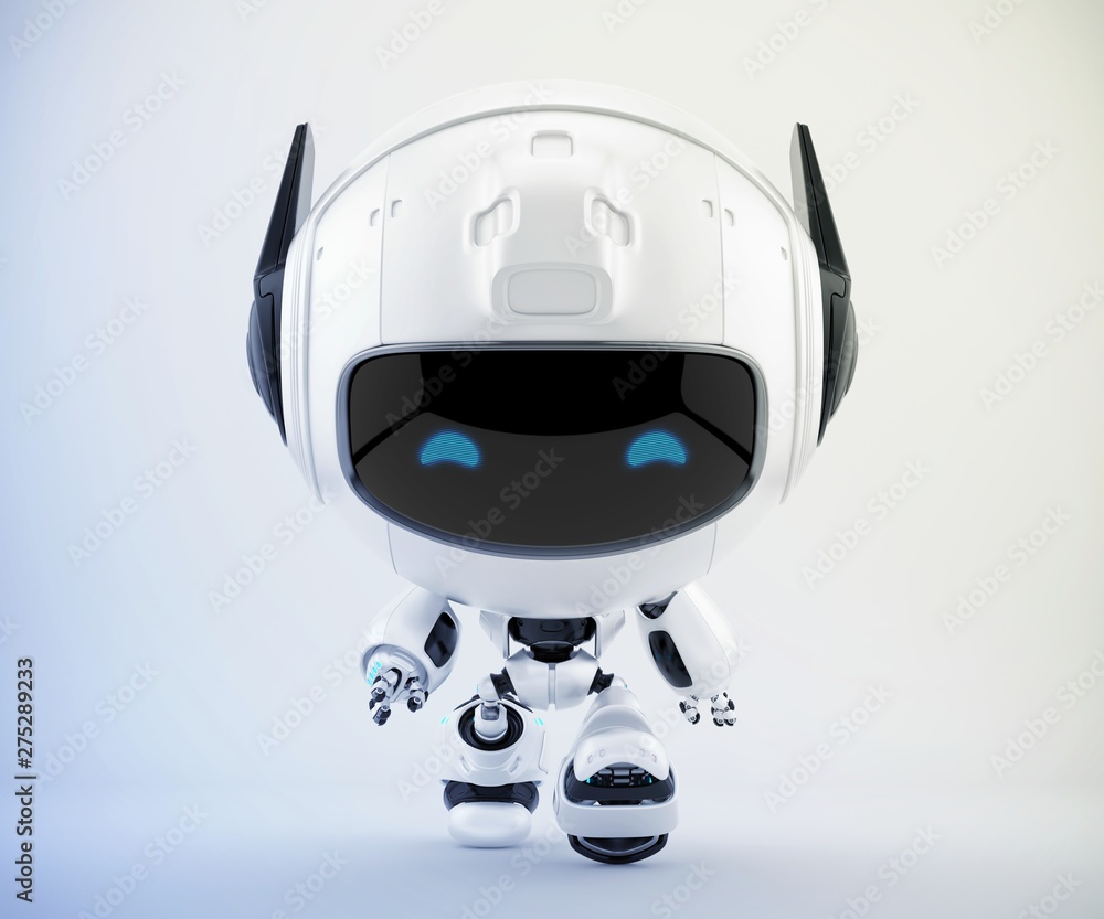 Poster walking robot pr manager, unusual robotic character with funny prick-ears, 3d rendering