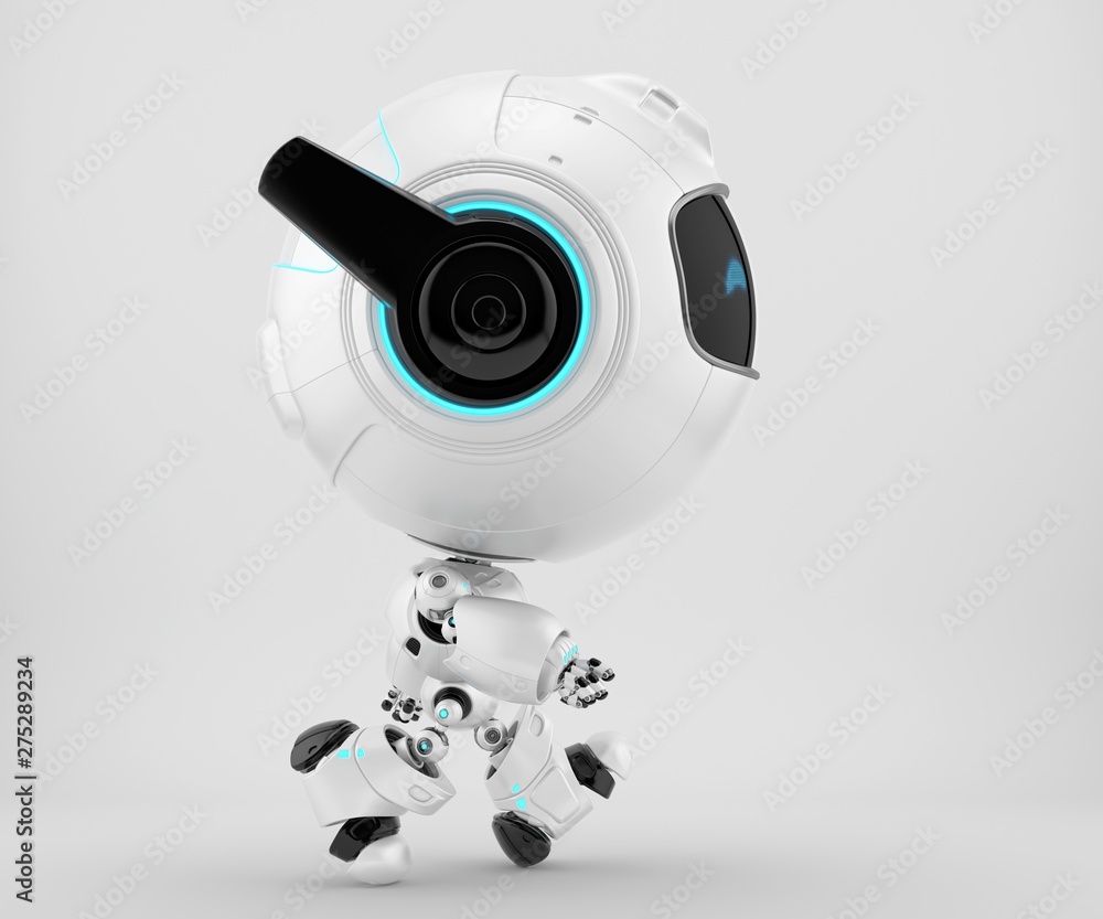 Poster side view of robot pr manager, unusual robotic character with funny prick-ears, 3d rendering