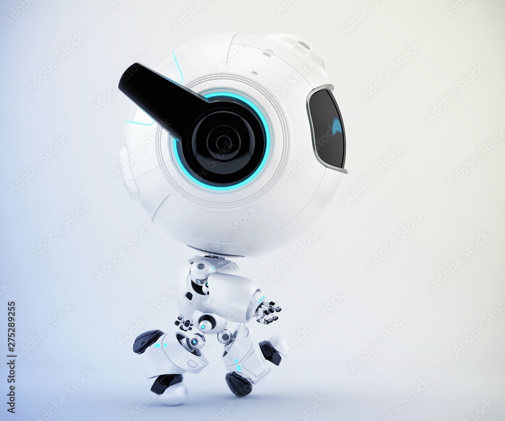 Poster side view of robot pr manager, unusual robotic character with funny prick-ears, 3d rendering