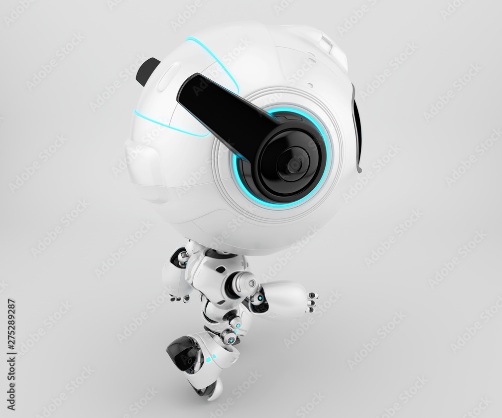 Poster black and white robot pr manager backwards, unusual robotic character with funny prick-ears, 3d rend