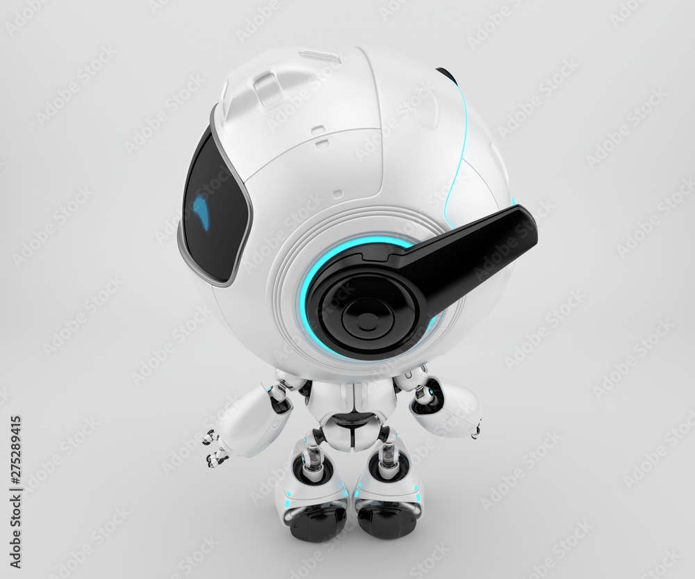 Poster black and white robot pr manager backwards, unusual robotic character with funny prick-ears, 3d rend