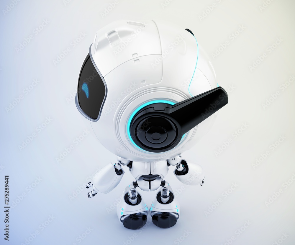 Poster black and white robot pr manager backwards, unusual robotic character with funny prick-ears, 3d rend
