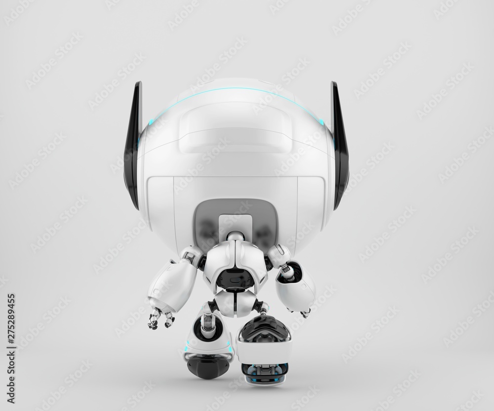 Poster black and white robot pr manager backwards, unusual robotic character with funny prick-ears, 3d rend