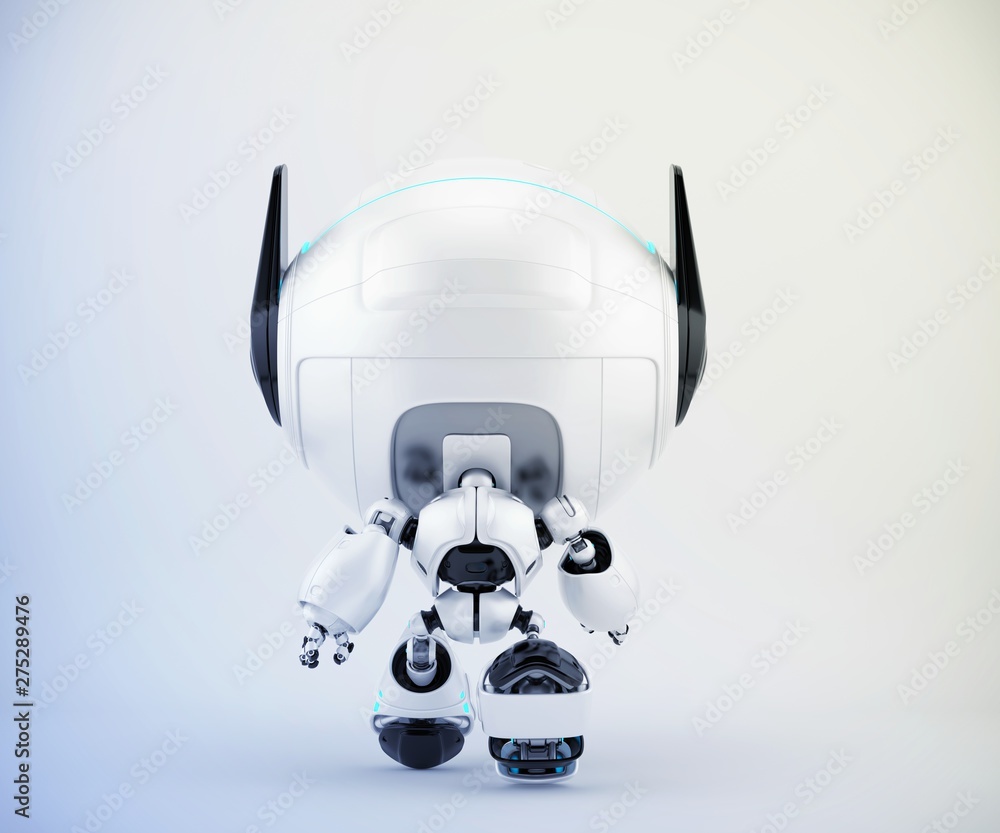Poster black and white robot pr manager backwards, unusual robotic character with funny prick-ears, 3d rend