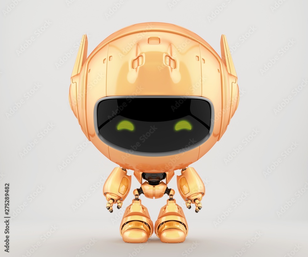 Poster orange robot pr manager, unusual robotic character with funny prick-ears, 3d rendering