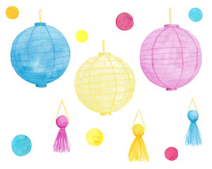 Watercolor hand drawn party elements set isolated on white background. Colorful paper chinese lanterns and  tassels.