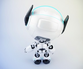 Black and white robot pr manager backwards, unusual robotic character with funny prick-ears, 3d rendering