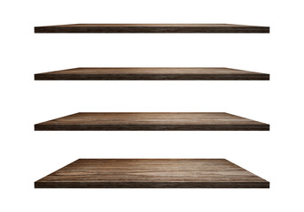 A collection of brown wooden shelves on a white background that separates the objects. There are Clipping Paths for the designs and decoration