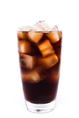 Cola in a glass with dancing bubbles on ice cubes isolated on white background