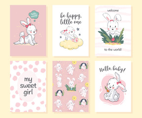 Fototapeta na wymiar Vector baby shower design template. Cute hand drawn little bunny character. Flat lay. Pastel colors. For happy birthday and anniversary party invitations, greeting cards, tags etc.