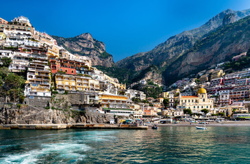 Seafront view of Positano town at Amalfi coast, Italy.