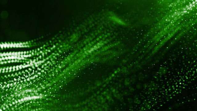 Glow particles are in air as science fiction of microcosm or macro world or sci-fi. 3d rendering of abstract green composition with depth of field and glowing particles in dark with bokeh effects. 19 © Green Wind