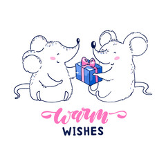 2020 Happy chinese new year. Rat zodiac sign. Vector illustration of two little cute rats that give a New Year's gift to each other . Handwritten lettering Warm Wishes. For greeting card/poster.