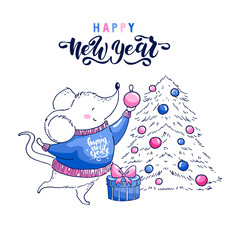 2020 Happy chinese new year. Rat zodiac sign. Vector illustration of little cute rat with a Christmas tree and gift. Handwritten lettering Happy New Year.For greeting card, poster and banner template