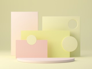 Abstract yellow background with geometric shape podium for cosmetic product presentation. Pastel colors. Pink and yellow layers and forms. minimal concept. 3d rendering 