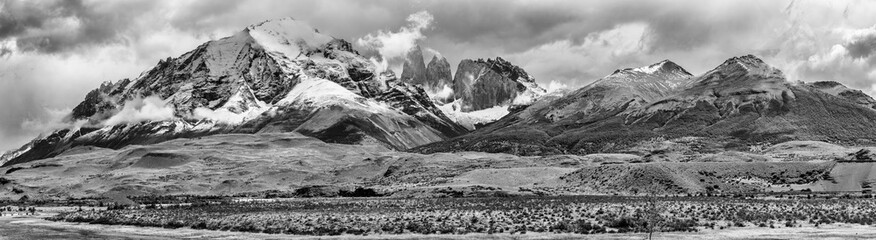 Torres del Paine peaks coming from clouds