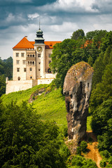 Castle on the hill in Ojcow National Park Poland - Pieskowa Skala, Hercules's mace rock - obrazy, fototapety, plakaty