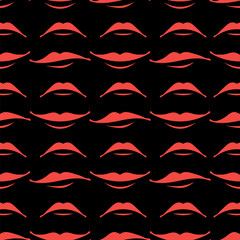 Cartoon Smile Lips Seamless Pattern Isolated on Black Background. Set of Red Female Mouth. Lips Collection. Different Facial Expression. Human Sense for Taste. Dental Care