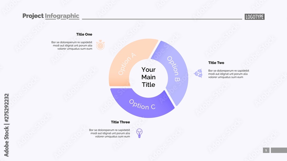 Poster pie chart with three elements. diagram, option graph, layout. business data. creative concept for in