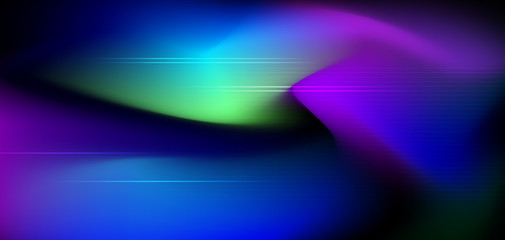 Illustration abstract glowing, neon light effect, strip line pattern on bright fluid gradient background. Vector graphic design, digital art on dark blue color. Futuristic technology for web, banner