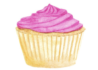 Watercolor hand drawn cupcake with pink cream isolated on white background.
