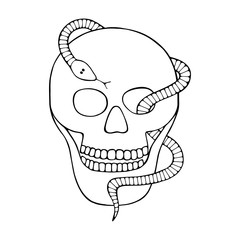 Vector black and white hand drawn illustration of skull with snake, tooth, silhouette face of human Print horror for t shirt. Mexican style, day of the dead, halloween. Sketch, doodle drawing.