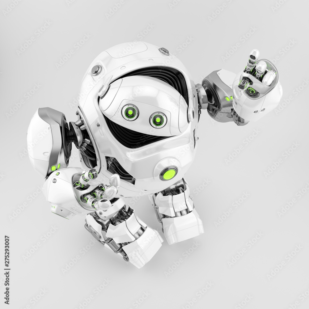 Poster strong robotic turtle toy with hands up, upper view 3d rendering