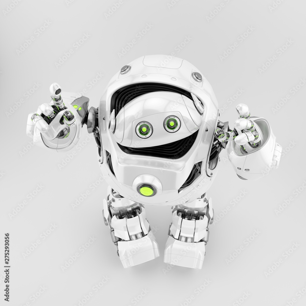 Poster strong robotic turtle toy with hands up, upper view 3d rendering