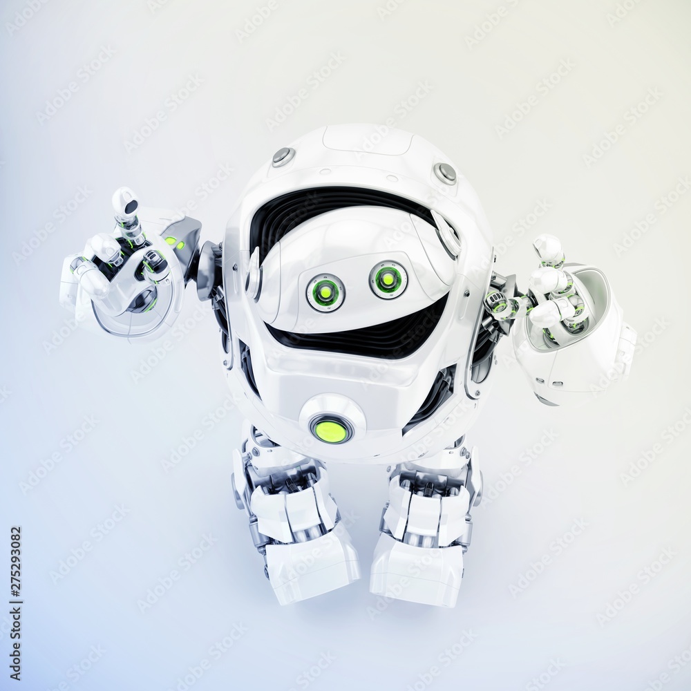 Poster strong robotic turtle toy with hands up, upper view 3d rendering