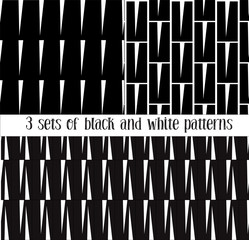 Set of three seamless black and white patterns.