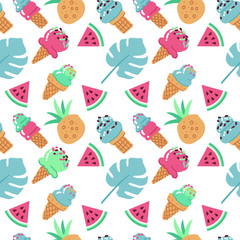 Seamless background with ice cream, watermelon, pineapple and palm leaves. Vector hand drawn flat illustration on white background