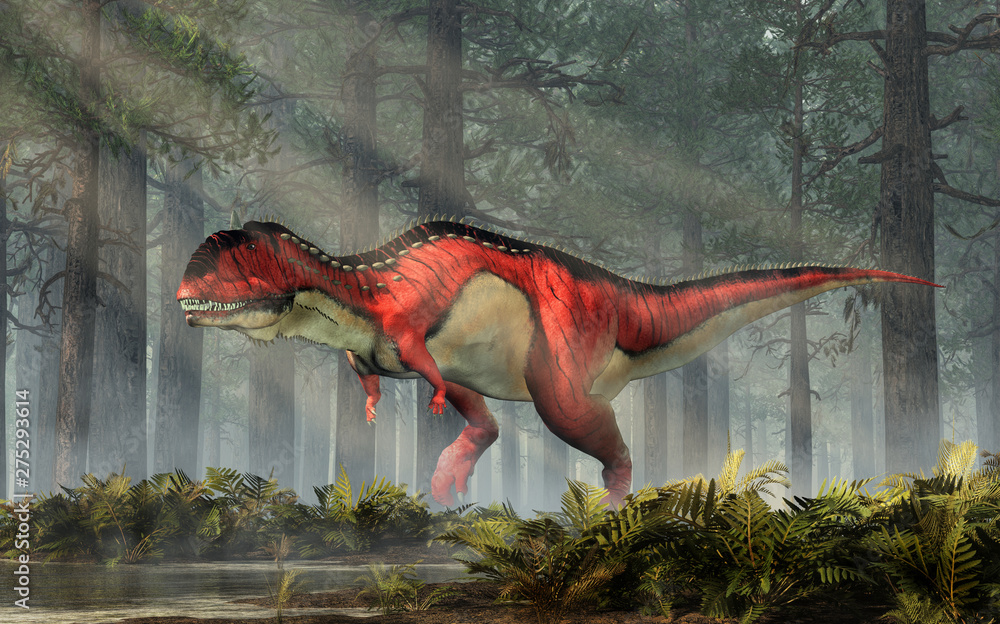 Aufkleber a red and white rajasaurus with black stripes in a dense forest. rajasaurus was an abelisaurid thero