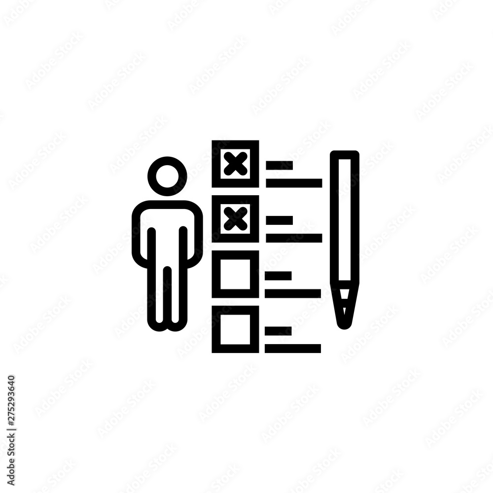 Poster skills checkbox line icon. man, checkboxes with crosses, list, pen. skills concept. vector illustrat