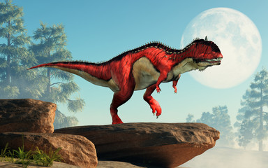 A red and white Rajasaurus with black stripes on a cliff by the moon. Rajasaurus was an abelisaurid theropod dinosaur of the Late Cretaceous in India. 3D Rendering