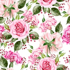 Zelfklevend Fotobehang Beautiful watercolor seamless pattern with flowers of rose and peony, berry.  © knopazyzy