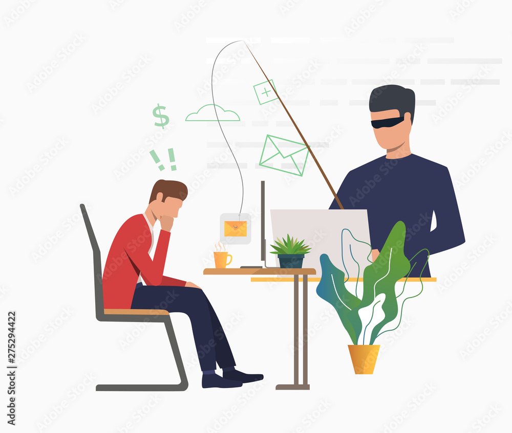 Poster cyber attacker hacking into email server. scammer holding fishing tackle with hooked message of offi