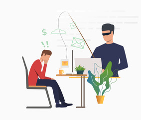 Cyber attacker hacking into email server. Scammer holding fishing tackle with hooked message of office worker. Cybercrime concept. Vector illustration can be used for scam attack, information security