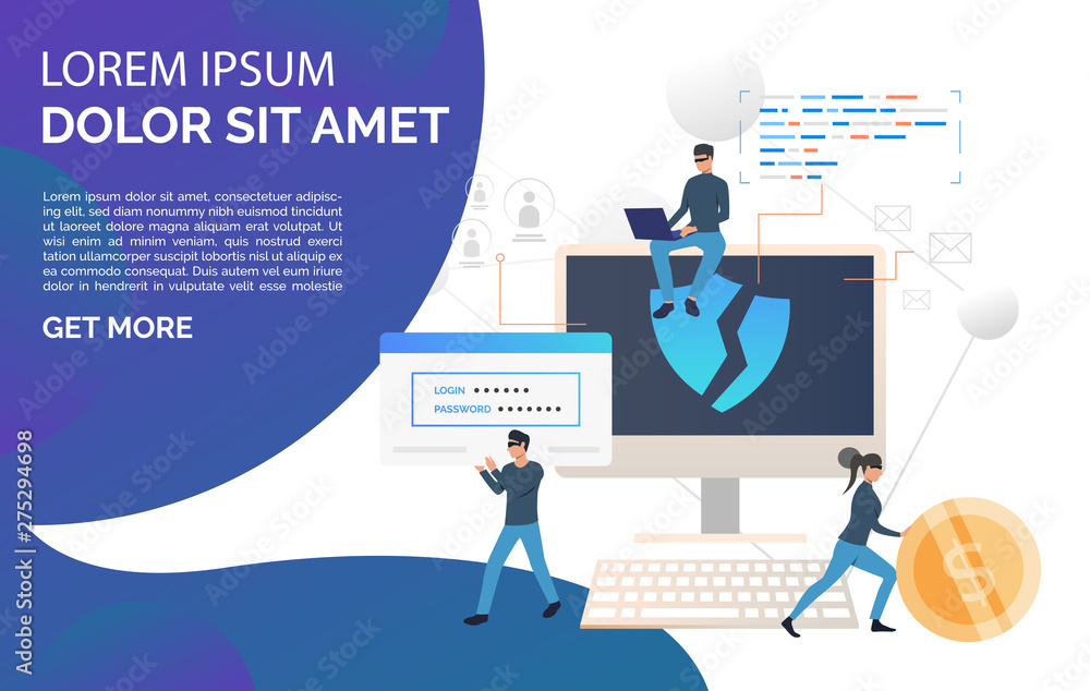 Poster cybercrime team landing page template. criminals hacking into computer, carrying password and money.
